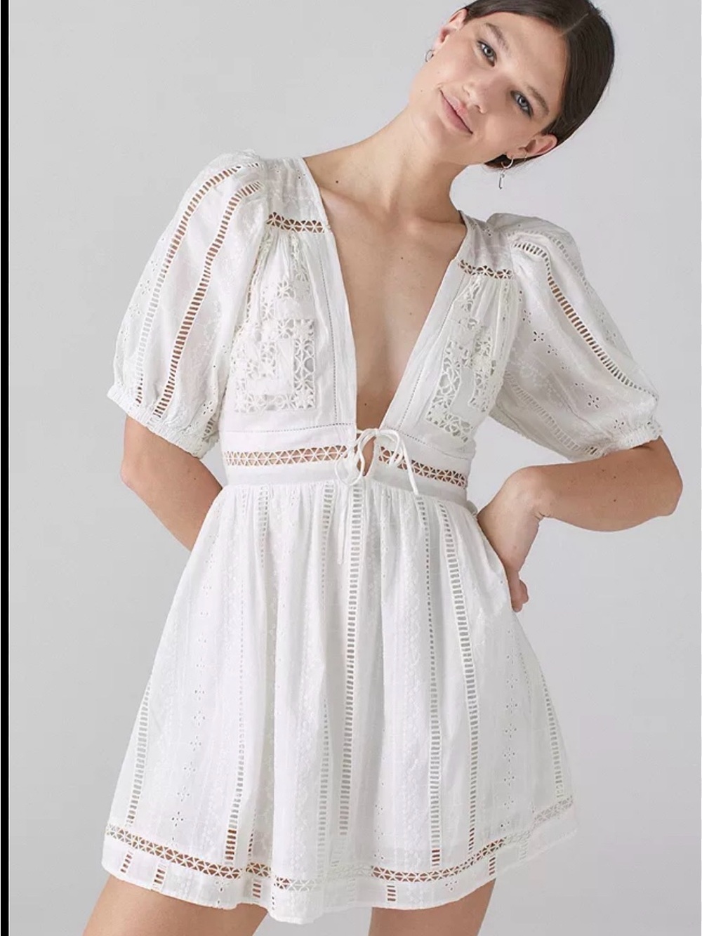 NWT Urban Outfitters Marla White Eyelet Mini Dress with Puff Sleeves Size M
